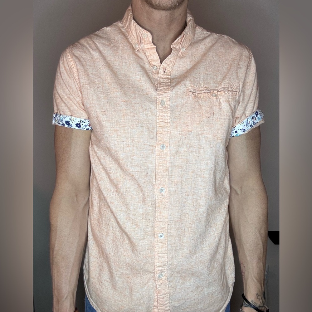 RICKY SINGH short sleeve shirt, desert color with colorful trim, size M